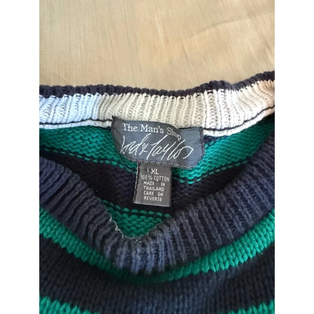 Vintage Lord & Taylor Men's XL‎ Striped Cotton Sweater Teal Navy 90s Crewneck
